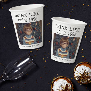 Funny Retro Photo Drinks on Me Adult Birthday Paper Cups