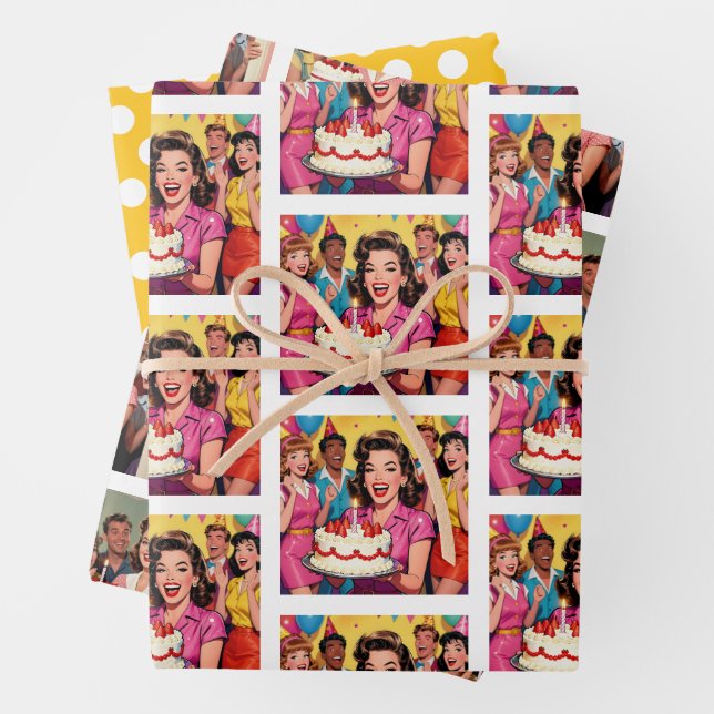 Funny Retro Pop Art Birthday Party Surprise Wrapping Paper Sheet (In situ)