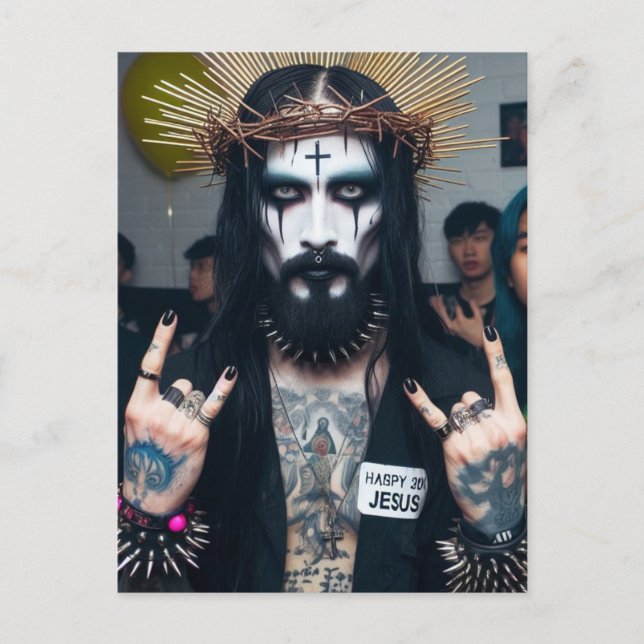 Funny Retro Punk Rock Gothic Party Jesus Postcard (Front)