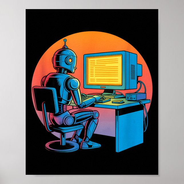 Funny retro robot coding computer screen Funny ret Poster (Front)
