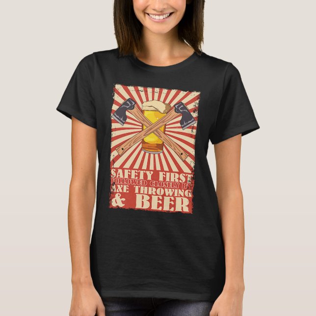 Funny Retro Safety First Axe Throwing and Beer Vik T-Shirt (Front)