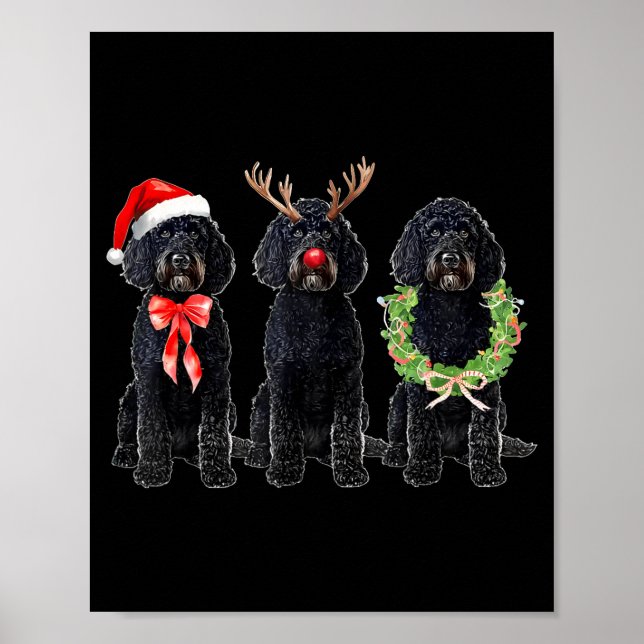 Funny Retro Santa Black Goldendoodle Dog Reindeer  Poster (Front)