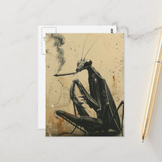 Funny Retro Smoking Mantis Surreal Muted Colors Postcard