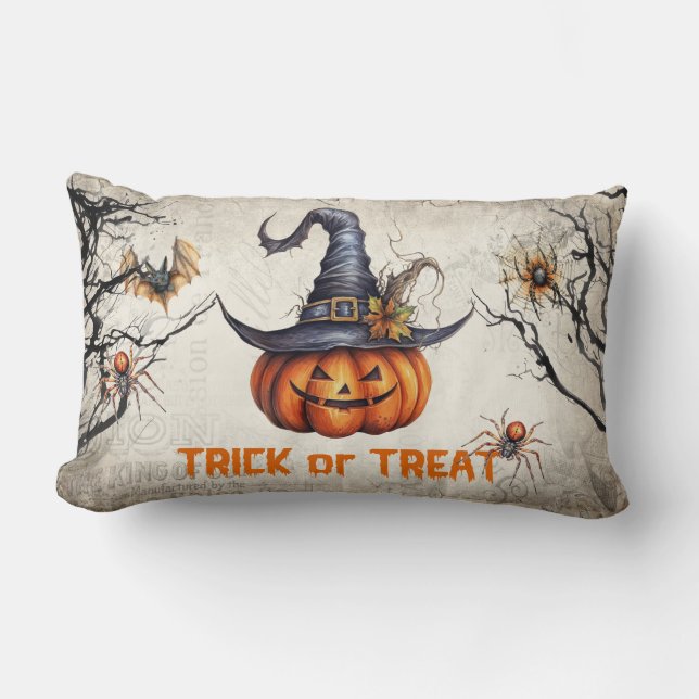 Funny retro spooky Halloween carved pumpkin Lumbar Cushion (Front)