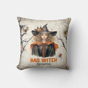 Funny retro spooky Halloween cute girl bad witch Cushion