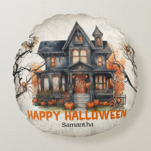 Funny retro spooky Halloween haunted house Round Cushion