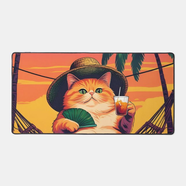 Funny Retro Summer Cat Vacation Desk Mat (Front)