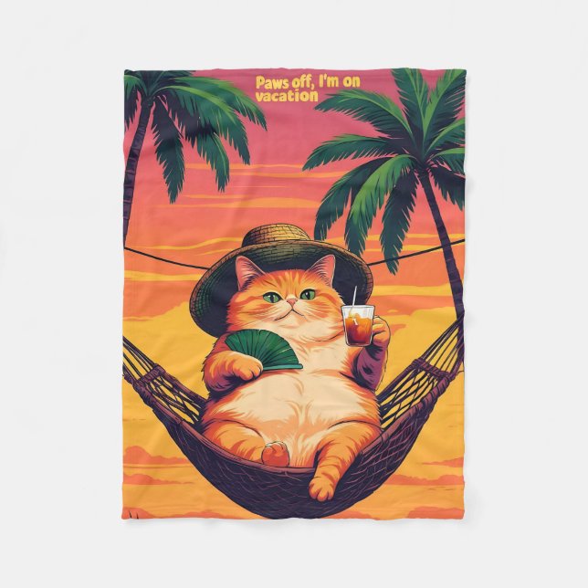 Funny Retro Summer Cat Vacation Fleece Blanket (Front)