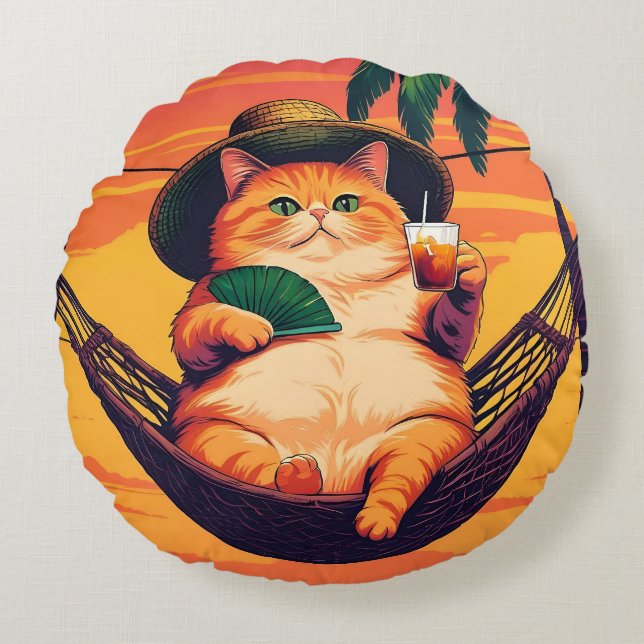 Funny Retro Summer Cat Vacation Round Cushion (Front)