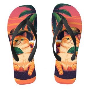 Funny Retro Summer Cat Vacation Thongs