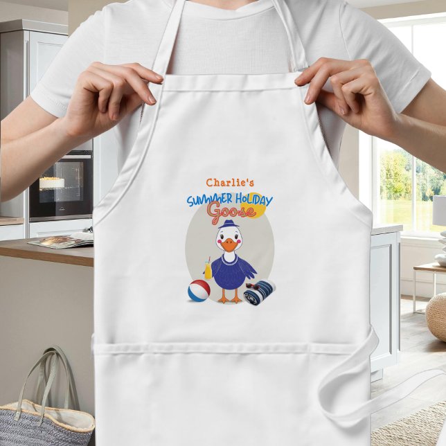 Funny Retro Summer Holiday Silly Goose Standard Apron (An apron with cartoon 'Summer Holiday Goose' design, personalized with a name)