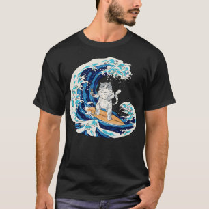 Funny Retro Surfing Sushi Cat Riding a Great Wave T-Shirt