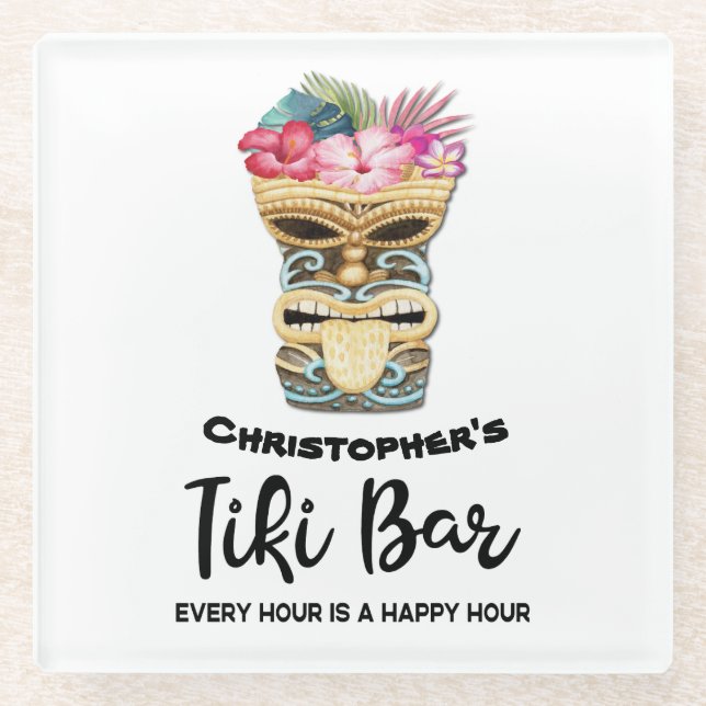 Funny Retro Tiki Bar Party Glass Coaster (Front)