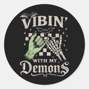Funny Retro Vibin With Demons Skeleton Spooky Classic Round Sticker