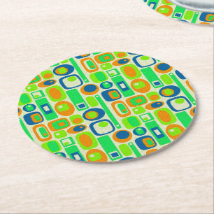 Funny Retro Wallpaper - orange green blue Round Paper Coaster