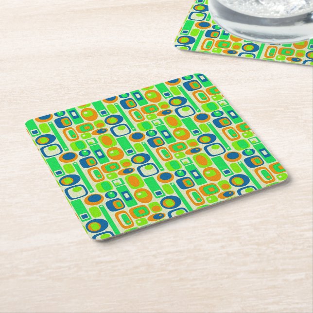 Funny Retro Wallpaper - orange green blue Square Paper Coaster (Angled)