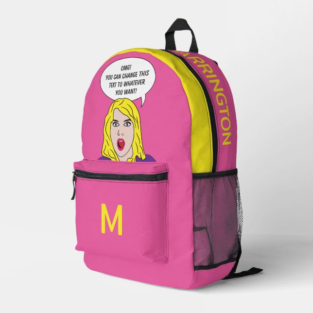 FUNNY RETRO WOMAN custom text, name & monogram Printed Backpack (Back Corner Right)