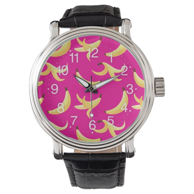 Funny Retro Yellow Banana Pattern Party Editable Watch (Front)