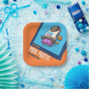 Funny Rhino Add Your Text Pool Party Cartoon Paper Plate