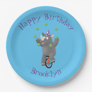 Funny rhino on unicycle personalised birthday paper plate
