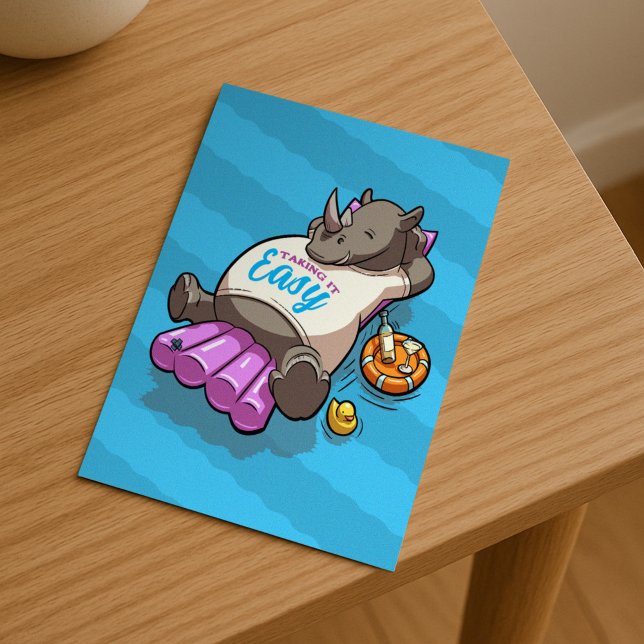 Funny Rhino Taking It Easy Summer Pool Cartoon Holiday Postcard (Creator Uploaded)