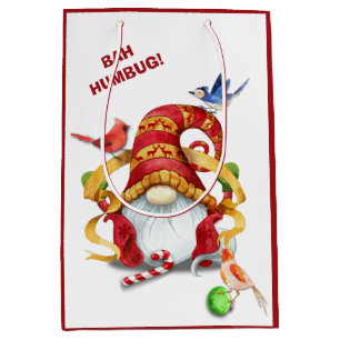 Funny Ribbon Gnome with Birds Christmas Medium Gift Bag