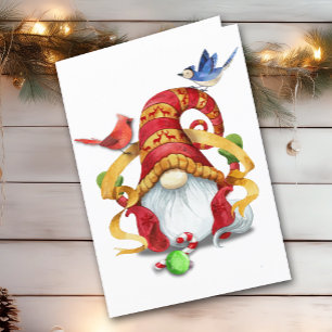 Funny Ribbon Gnome with Birds Folded Christmas Holiday Card
