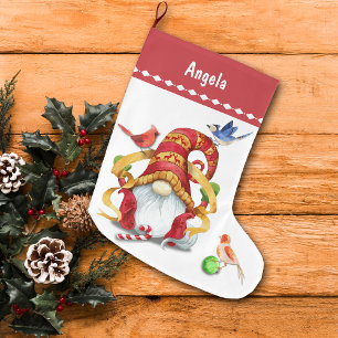 Funny Ribbon Gnome with Birds Personalised Large Christmas Stocking