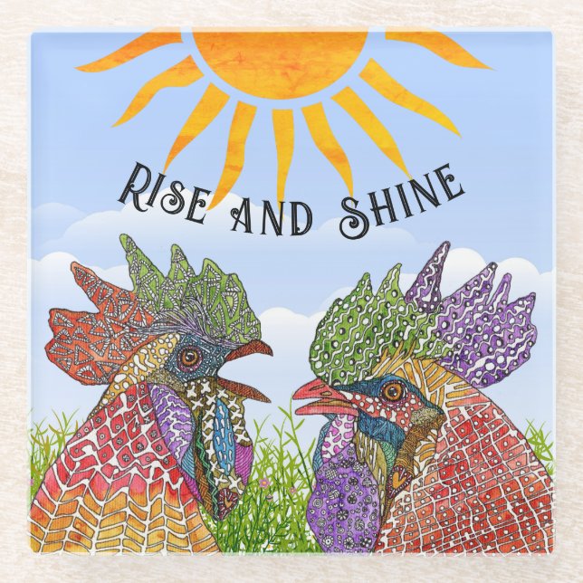 Funny Rise and Shine Chickens Glass Coaster (Front)