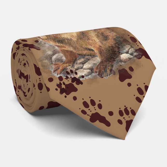 Funny River Otter & Footprints, Tracks Neck Tie (Rolled)