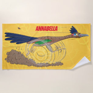 Funny roadrunner bird cartoon illustration beach towel