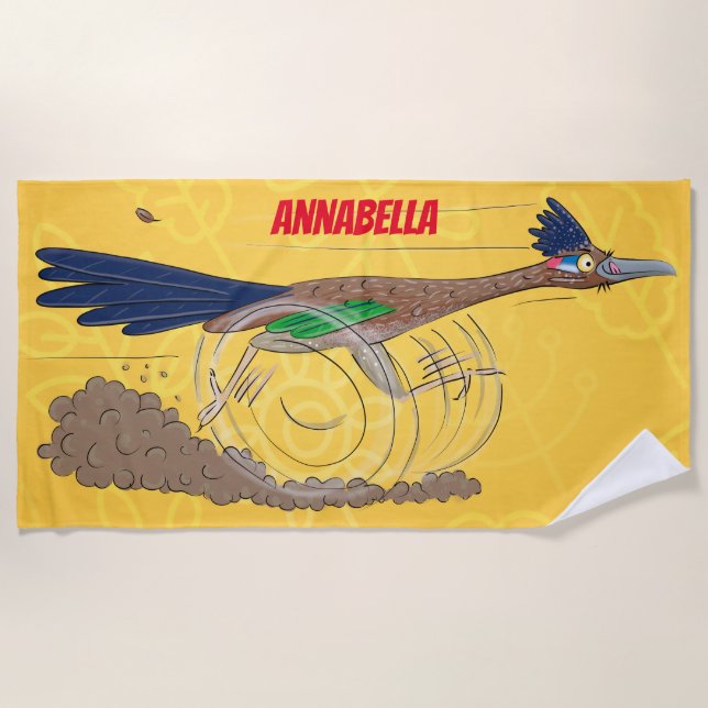 Funny roadrunner bird cartoon illustration beach towel (Front)