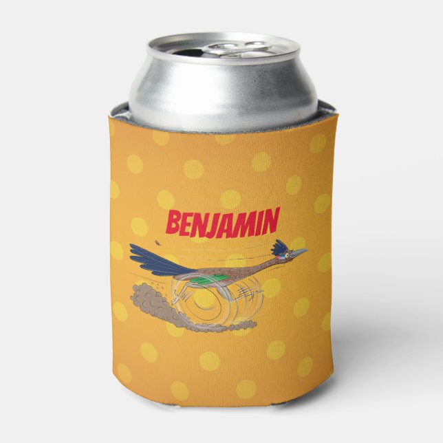 Funny roadrunner bird cartoon illustration can cooler (Can Front)