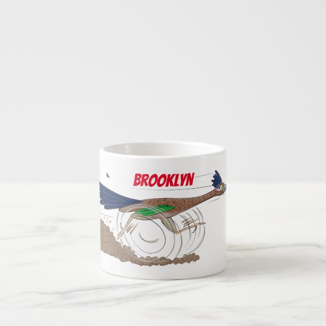 Funny roadrunner bird cartoon illustration espresso cup (Front)