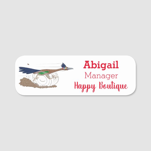 Funny roadrunner bird cartoon illustration name tag (Front)