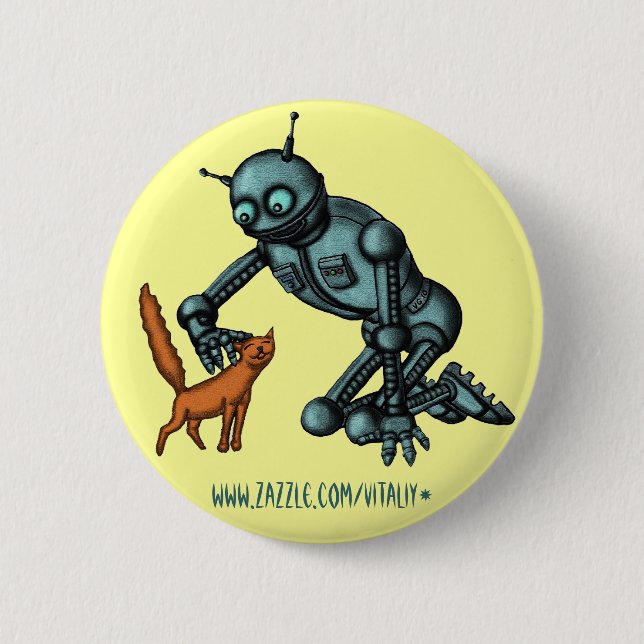 Funny robot and cat button design (Front)