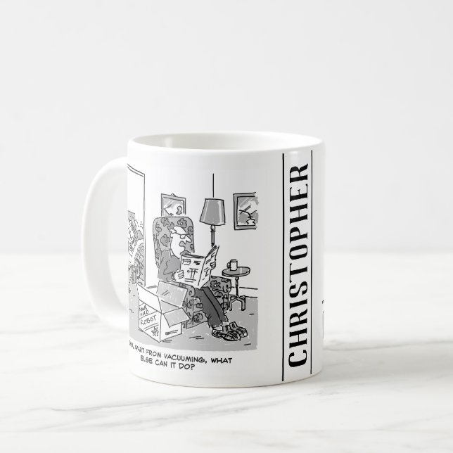 Funny Robot Cartoon. Wife is in Bed with a Robot Coffee Mug (Front Left)