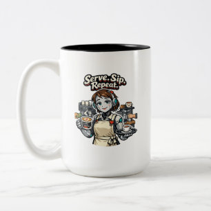 Funny Robot Coffee Waitress T-Shirt - Serve Sip Re Two-Tone Coffee Mug