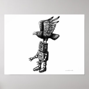 Funny robot with eagle ink pen drawing art poster