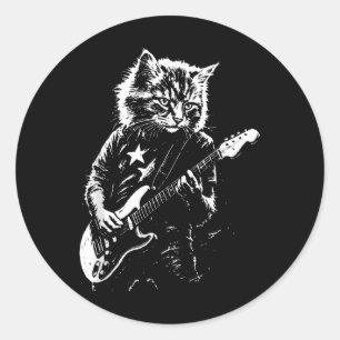 Funny Rock Cat Playing Guitar For Men Women Music Classic Round Sticker
