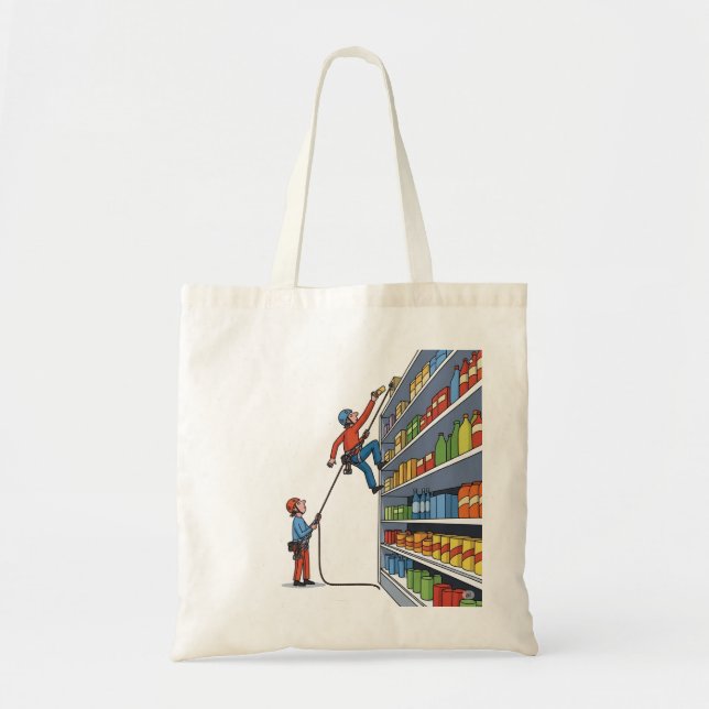 Funny Rock Climber Grocery Store Cartoon Tote Bag (Front)