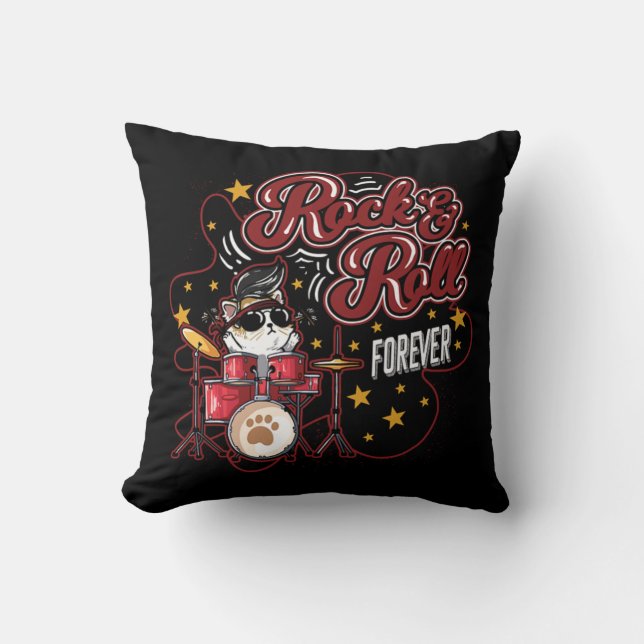 Funny Rock n Roll Forever Cool Drummer Cat Cushion (Front)
