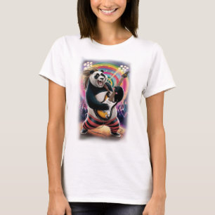 Funny Rocker Panda playing Rock on a Black T-Shirt