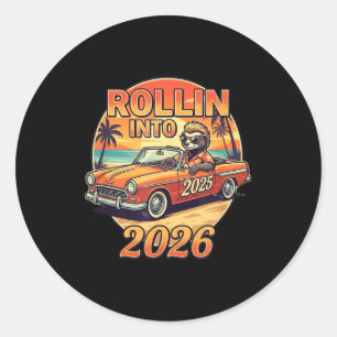 Funny Rollin Into 2026 Retro Car Sunset Vibes Artw Classic Round Sticker
