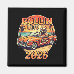 Funny Rollin Into 2026 Retro Car Sunset Vibes Artw Magnet