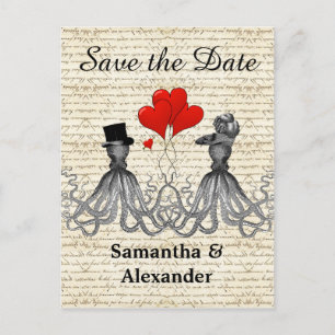 Funny romantic octopus steampunk save the date announcement postcard