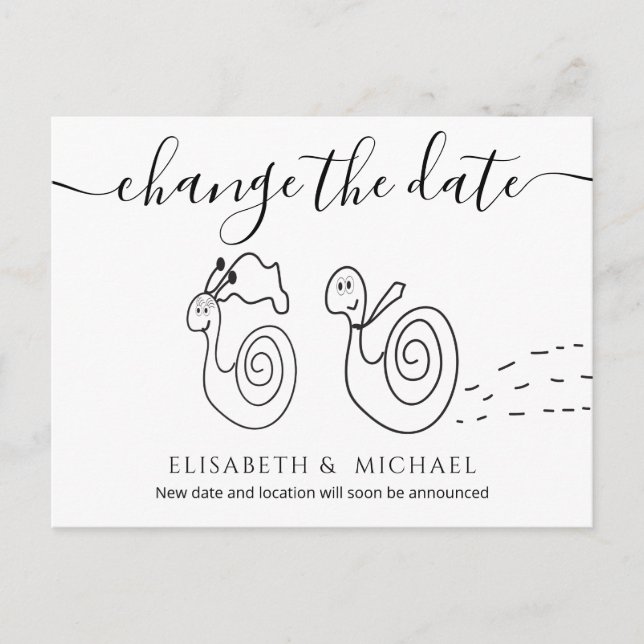 Funny romantic snails couple change the date announcement postcard (Front)