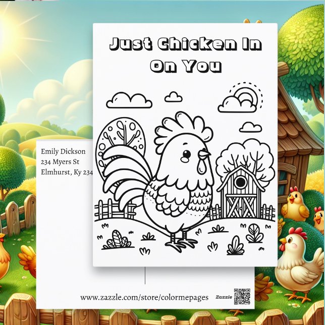 Funny Rooster and Chicken Pun Colour Me Postcard (Creator Uploaded)