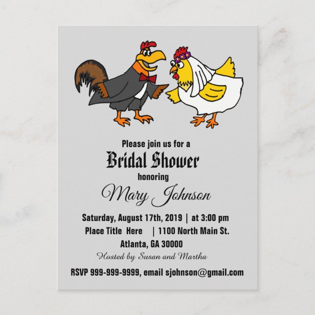 Funny Rooster and Hen Wedding Invitation Postcard (Front)