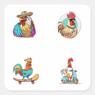 Funny Rooster Cartoon Character 4 Pack Stickers